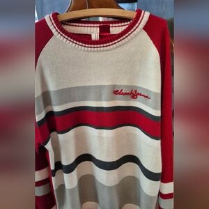 Clench Jeans Women's Red and Gray Striped Sweater
